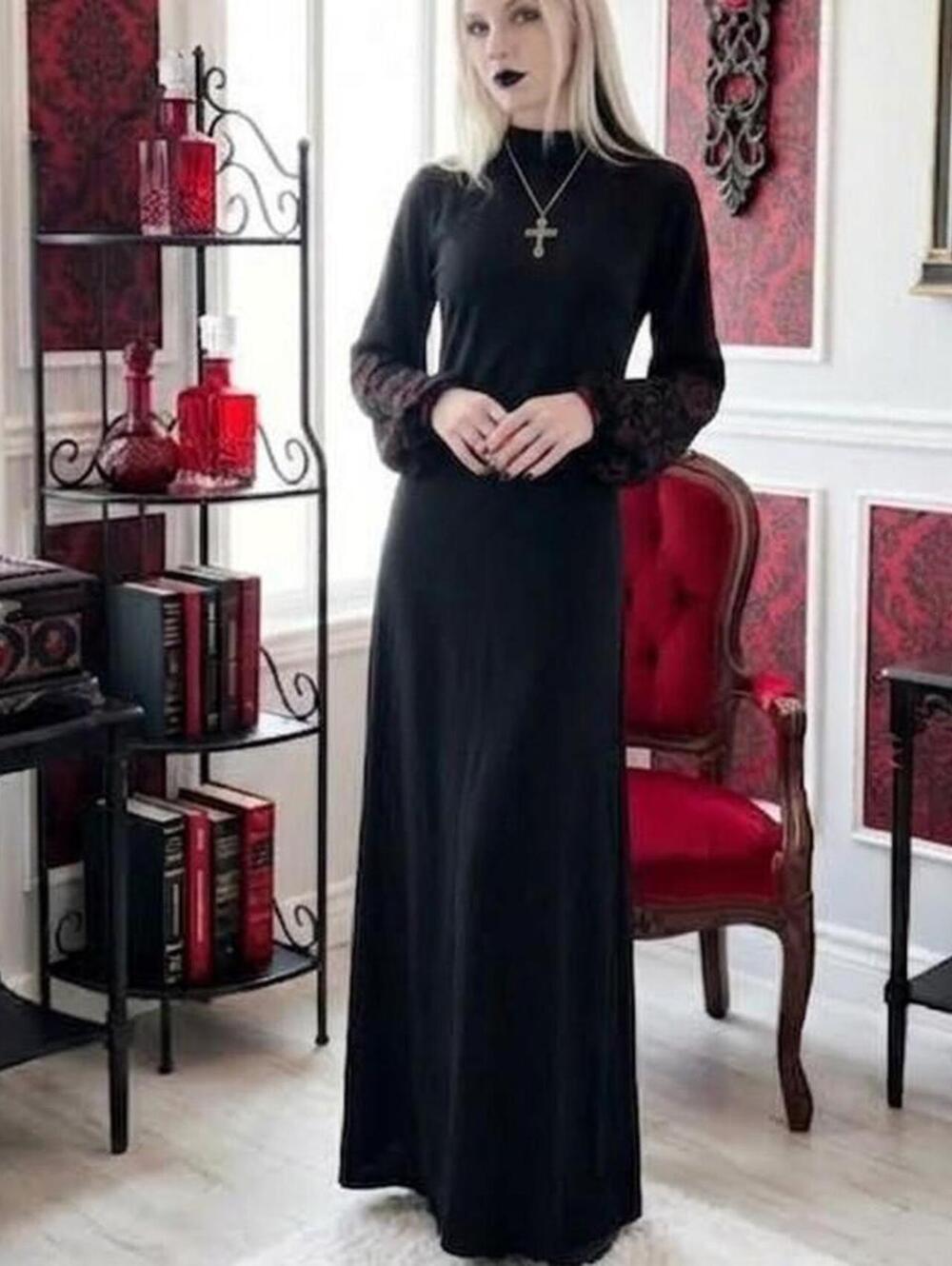 Gothic Black Maxi Dress with Red Lace Cutout Sleeves Size S